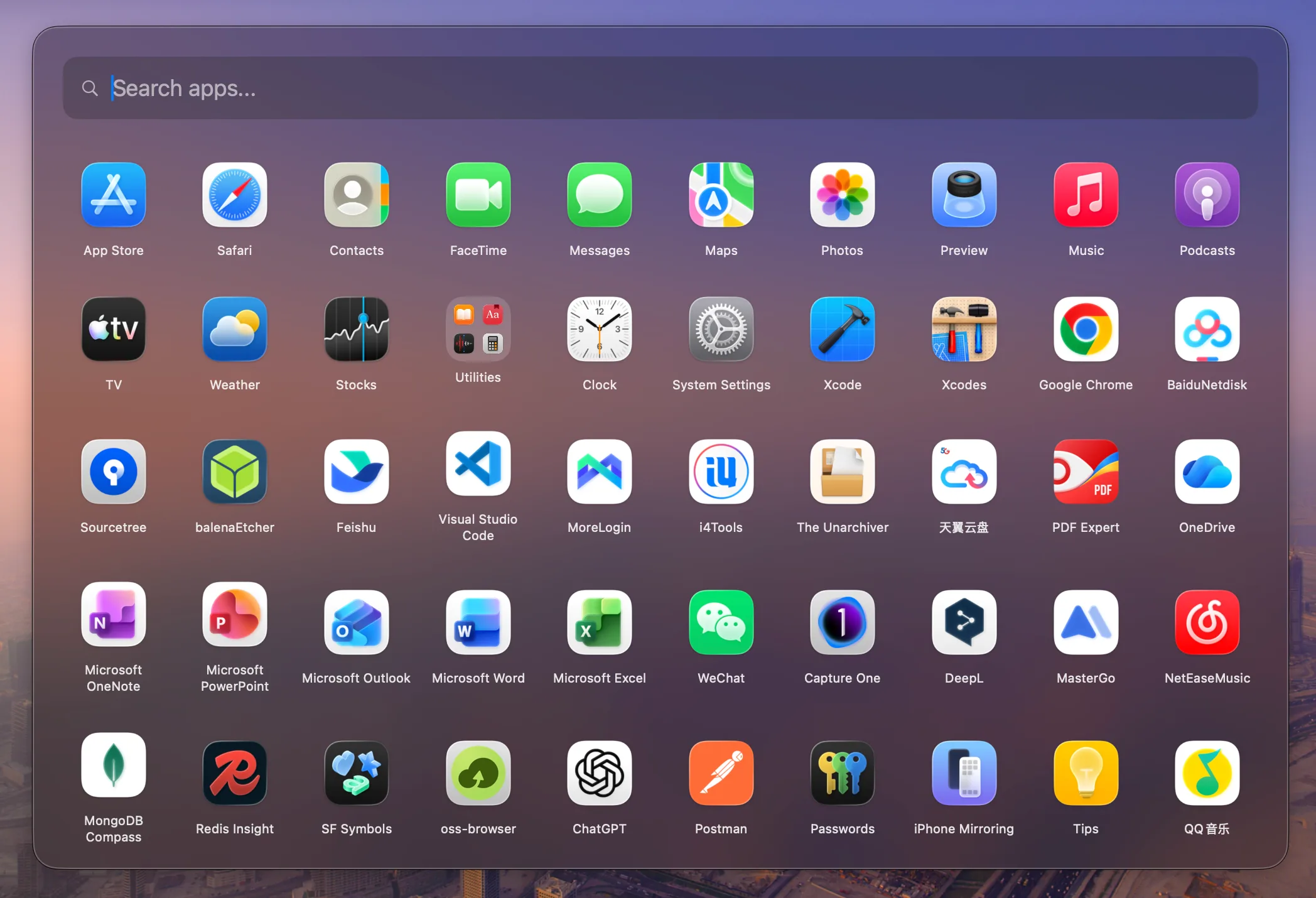 Facet compact launcher panel with search and app icons over a desktop wallpaper