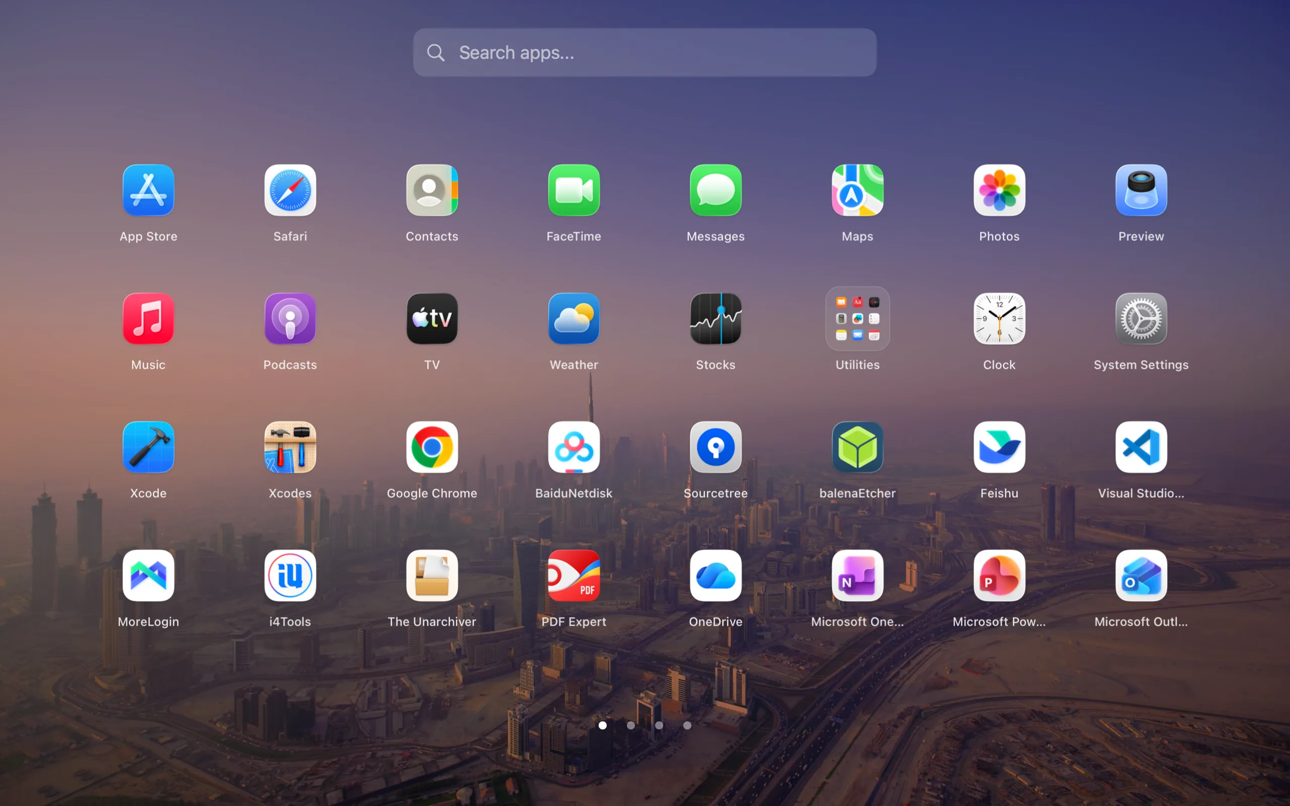 Facet fullscreen launcher showing the app grid over the current Mac wallpaper
